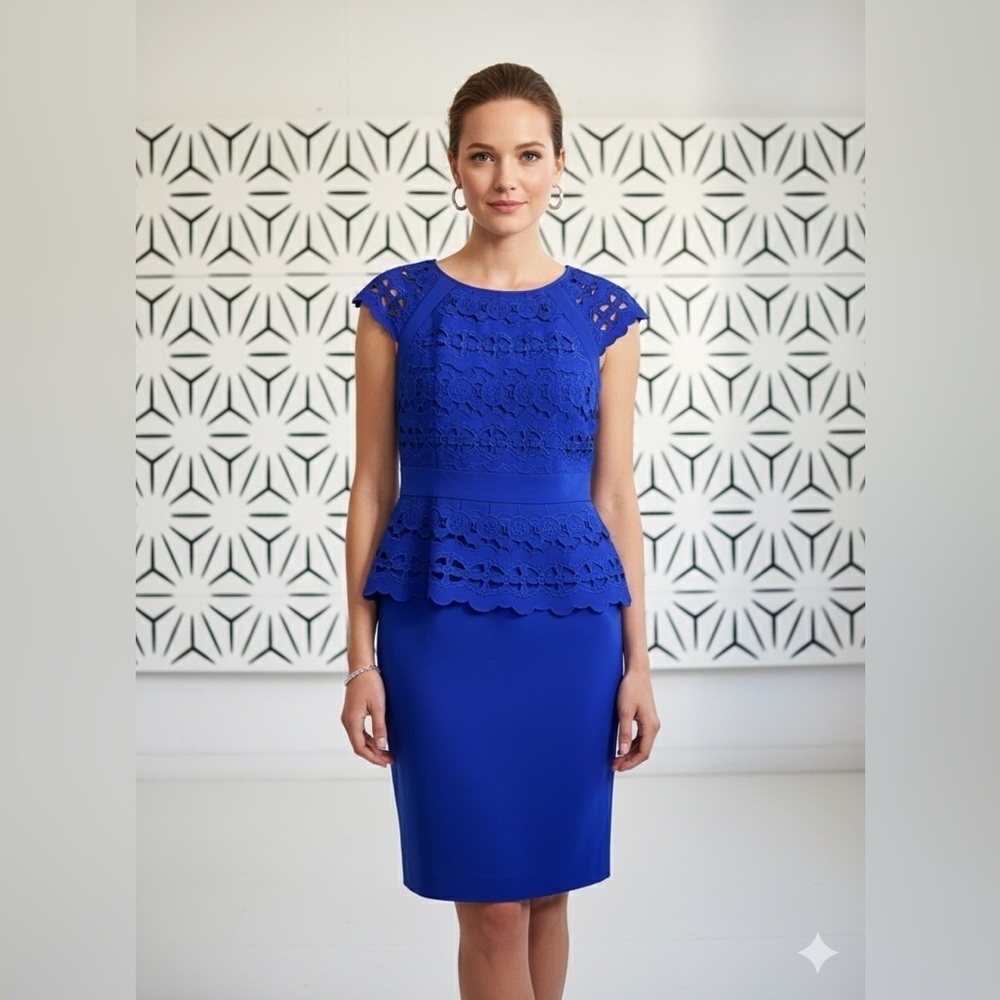 Antonio Melani Cobalt Blue Cocktail Dress w/ Laser Cutouts & Cap Sleeves – Sz 10